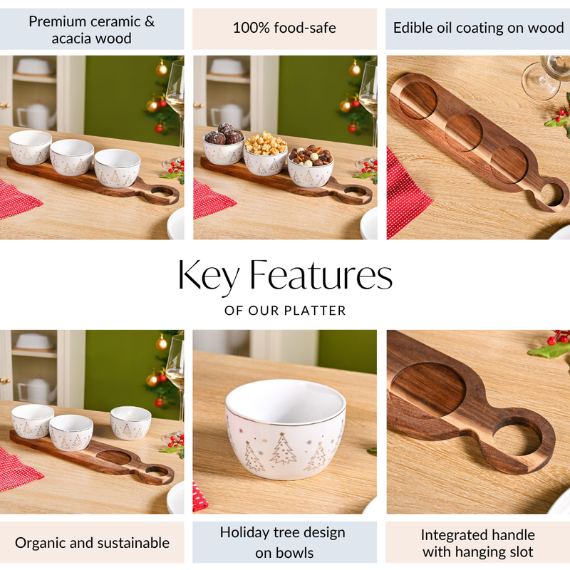 Noel Nibbles Serving Bowls With Acacia Tray Set Of 4