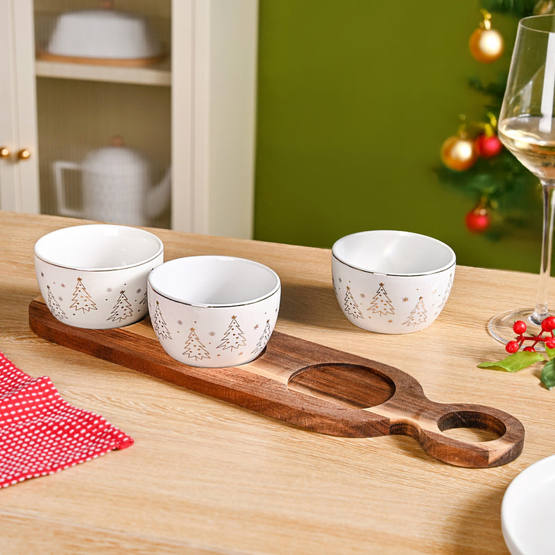 Noel Nibbles Serving Bowls With Acacia Tray Set Of 4