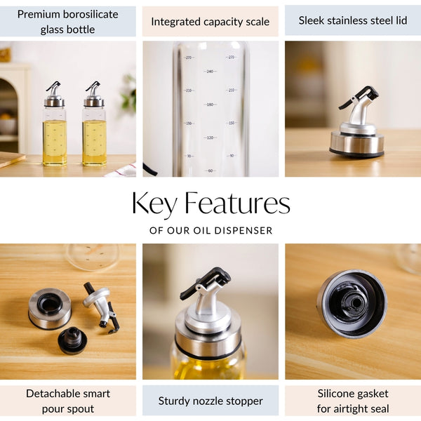 Oil Dispenser Bottle With Stainless Steel Covered Nozzle Set Of 2 300ml