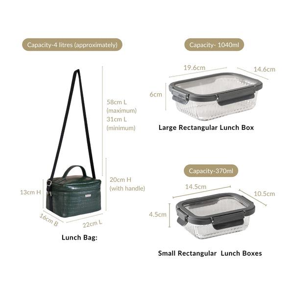 Set of 3 Lunch Box Lunch Bag Hamper Faux Leather Green
