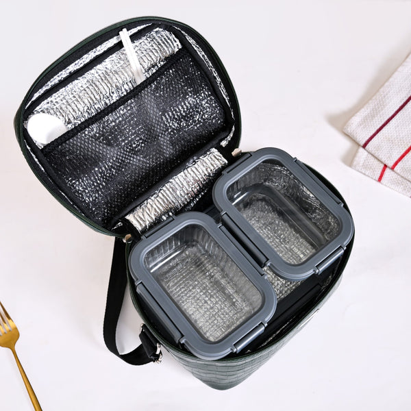 Set of 3 Lunch Box Lunch Bag Hamper Faux Leather Green
