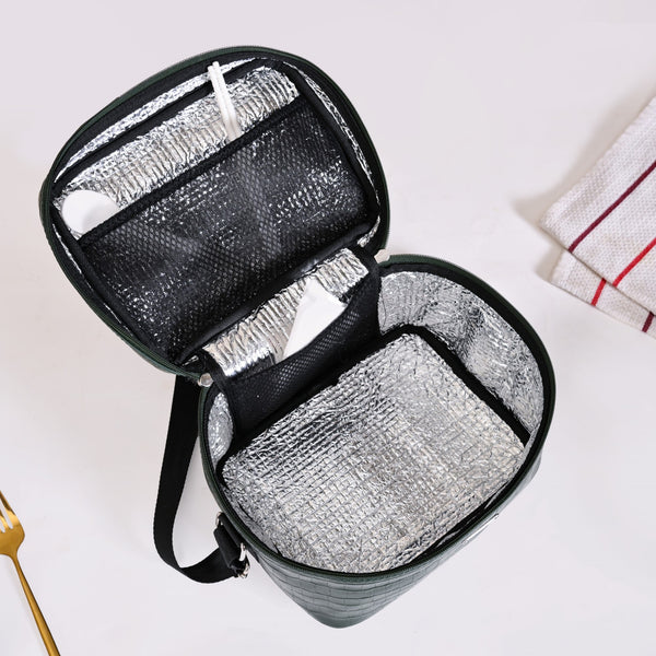 Set of 3 Lunch Box Lunch Bag Hamper Faux Leather Green