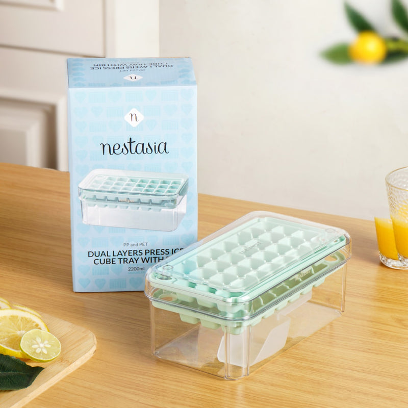 One Press Double Layer Ice Cube Tray With Bin And Scoop 2200ml