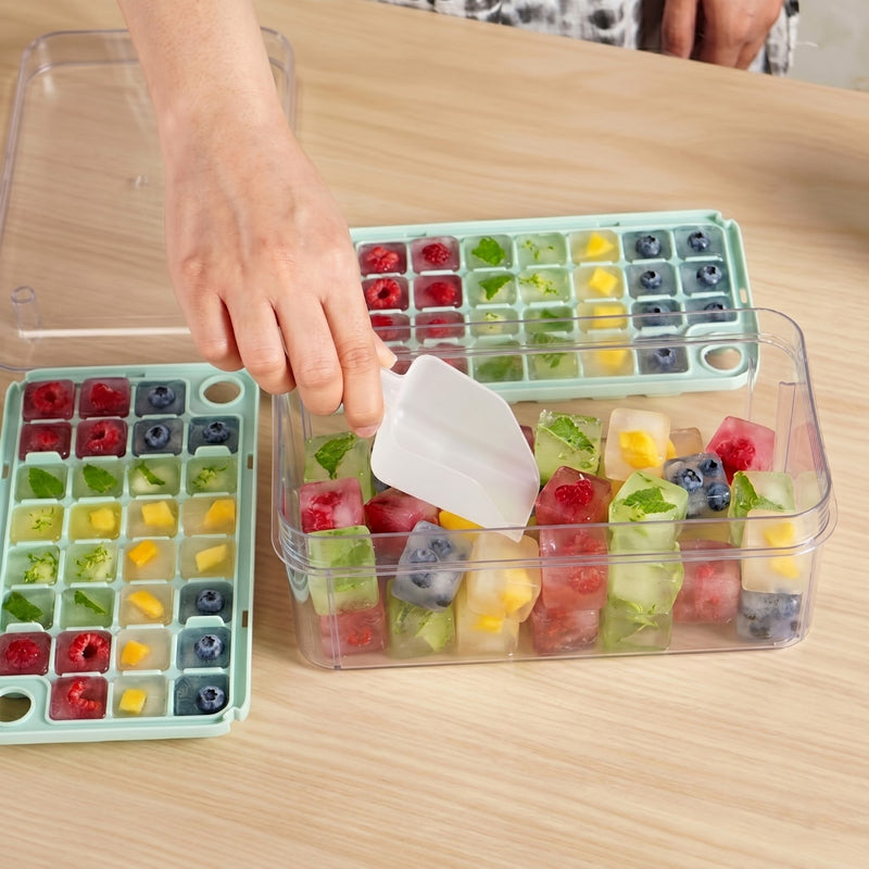 One Press Double Layer Ice Cube Tray With Bin And Scoop 2200ml