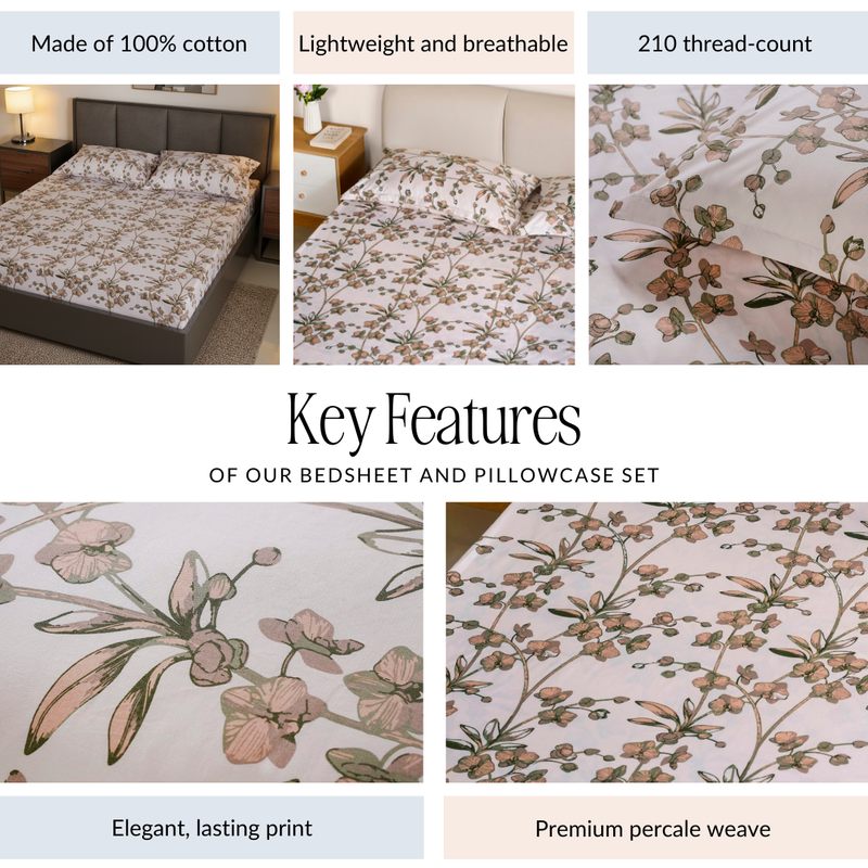 Orchid Grace Pure Cotton King Size Bedsheet Set 275x275cm