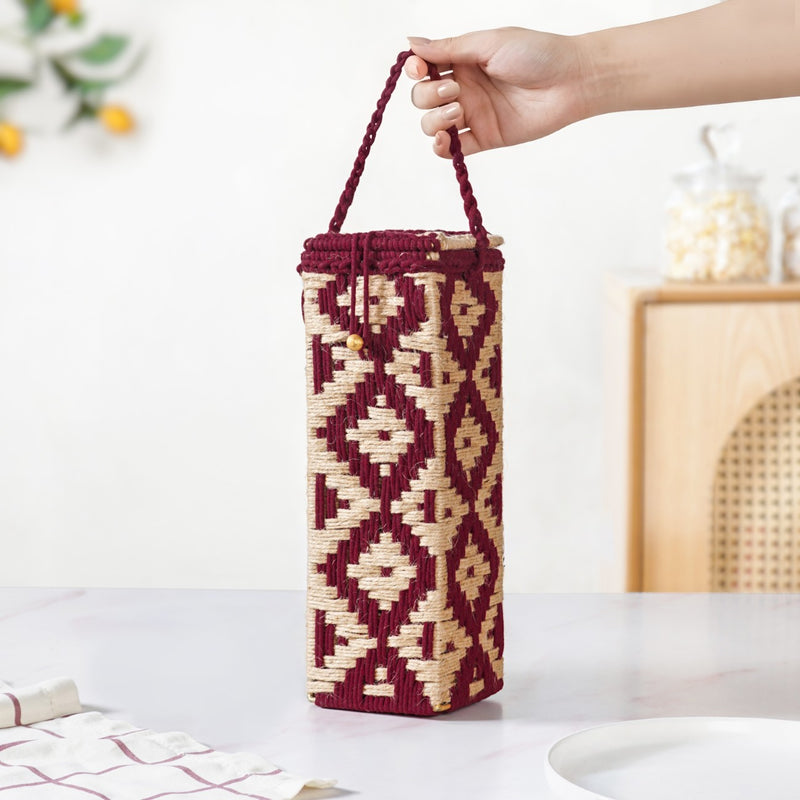 Wine Bottle Holder Handwoven Box Jute Maroon