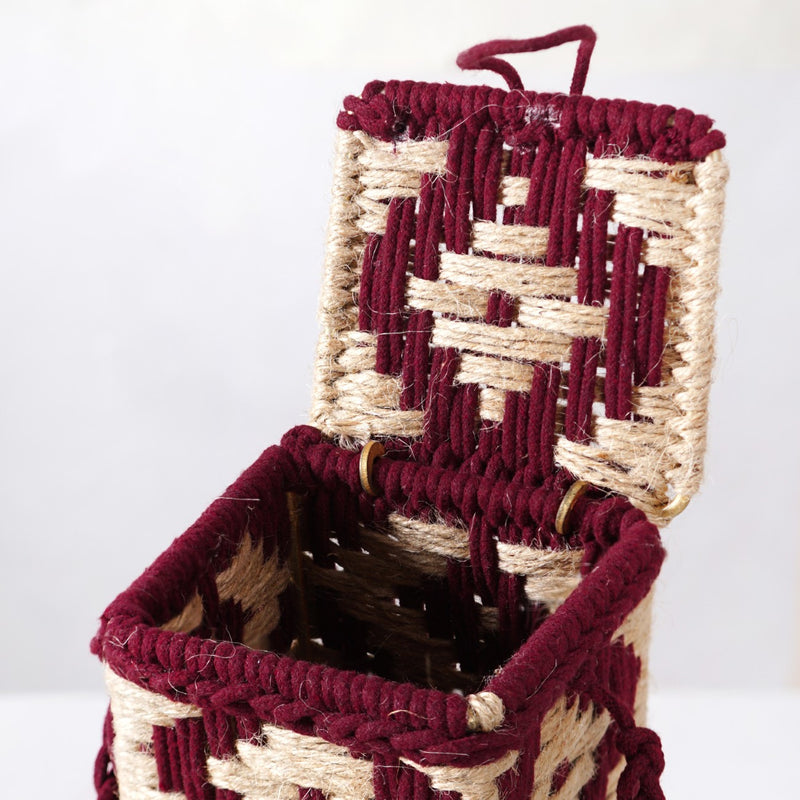 Wine Bottle Holder Handwoven Box Jute Maroon