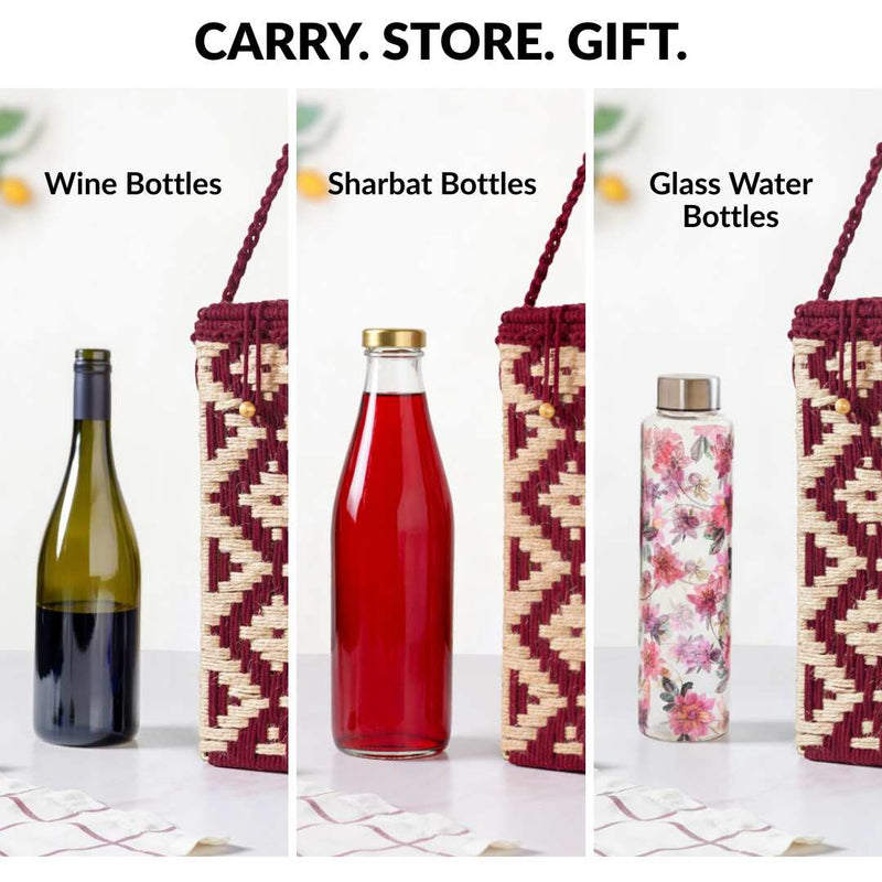 Wine Bottle Holder Handwoven Box Jute Maroon