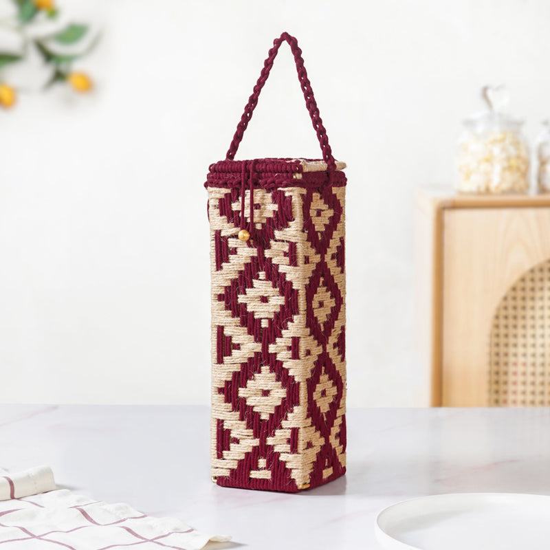 Wine Bottle Holder Handwoven Box Jute Maroon