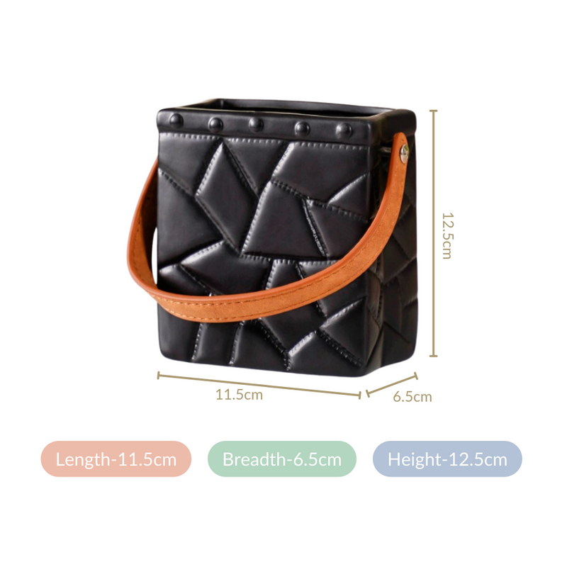 Ceramic Bag Shaped Mini Vase With Handle Black- Ceramic basket, black basket, storage basket, basket for organizing, home storage basket