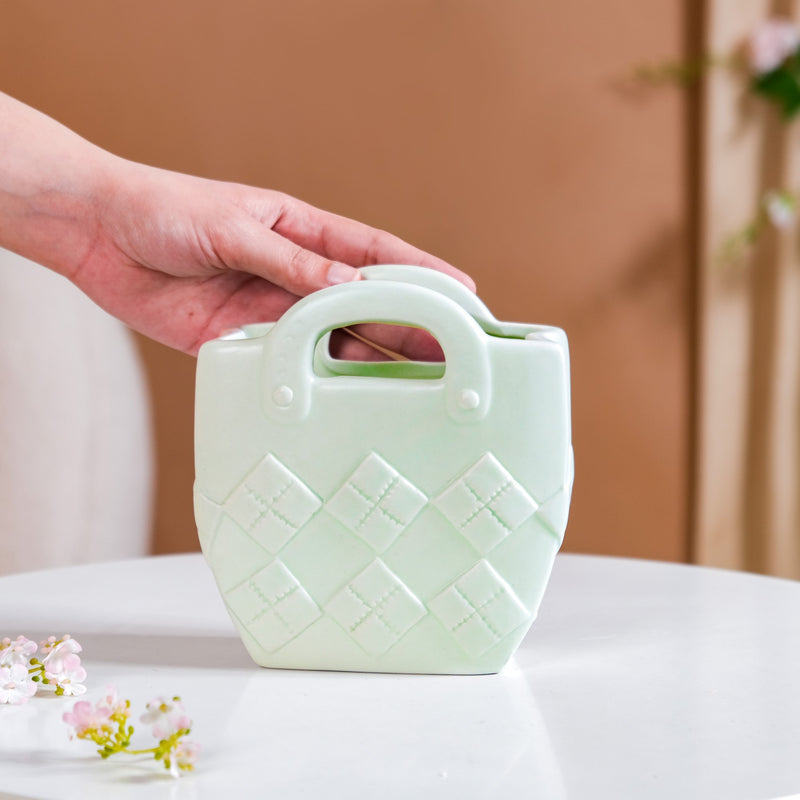 Ceramic Handbag Mini Vase For Home Decoration Mint Green- ceramic handbag organizer, handbag organizer, home decoration, ceramic organizer