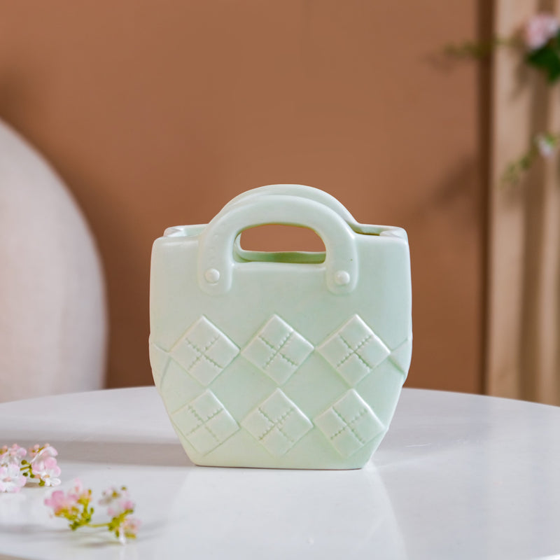 Ceramic Handbag Mini Vase For Home Decoration Mint Green- ceramic handbag organizer, handbag organizer, home decoration, ceramic organizer