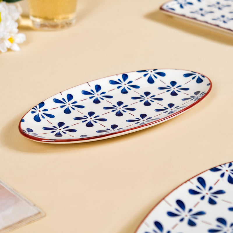 Blue Flower Oval Serving Platters Set Of 2 9 Inch - Ceramic platter, ceramic platter set, platter for snacks, snack platters