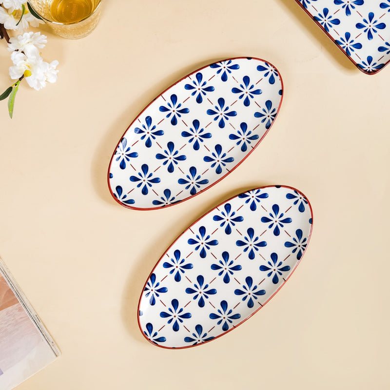 Blue Flower Oval Serving Platters Set Of 2 9 Inch - Ceramic platter, ceramic platter set, platter for snacks, snack platters