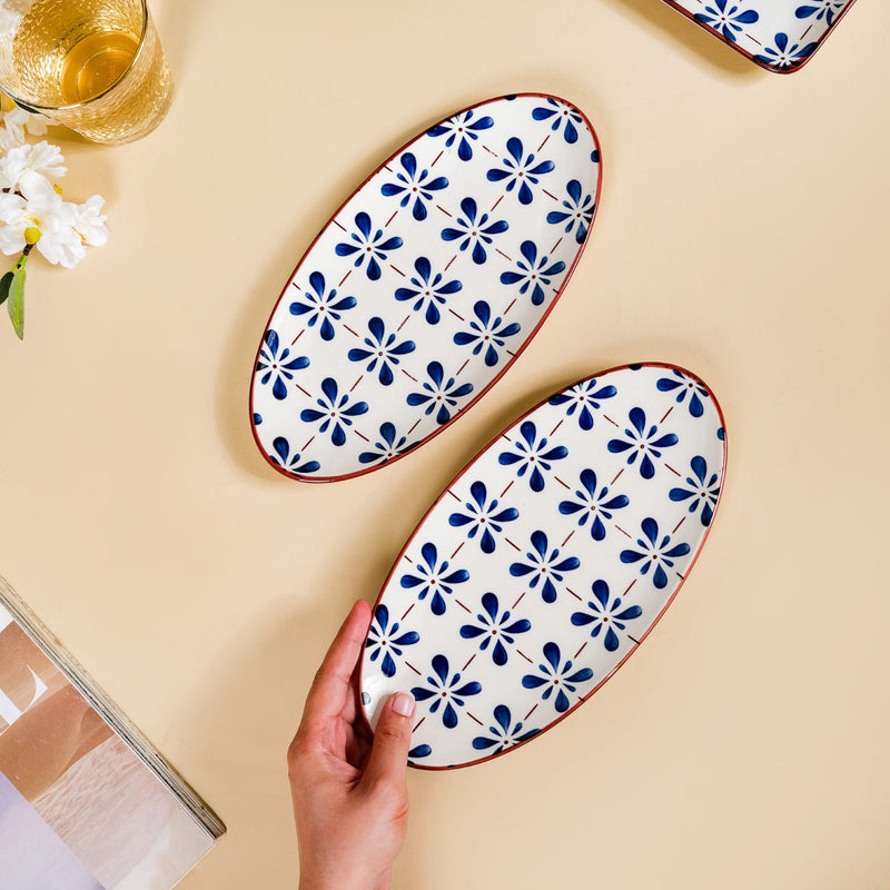 Blue Flower Oval Serving Platters Set Of 2 9 Inch - Ceramic platter, ceramic platter set, platter for snacks, snack platters
