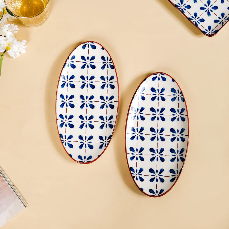 Blue Flower Oval Serving Platters Set Of 2 9 Inch - Ceramic platter, ceramic platter set, platter for snacks, snack platters