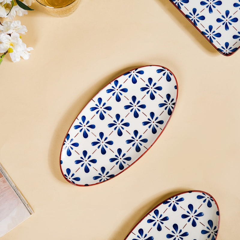 Blue Flower Oval Serving Platters Set Of 2 9 Inch - Ceramic platter, ceramic platter set, platter for snacks, snack platters
