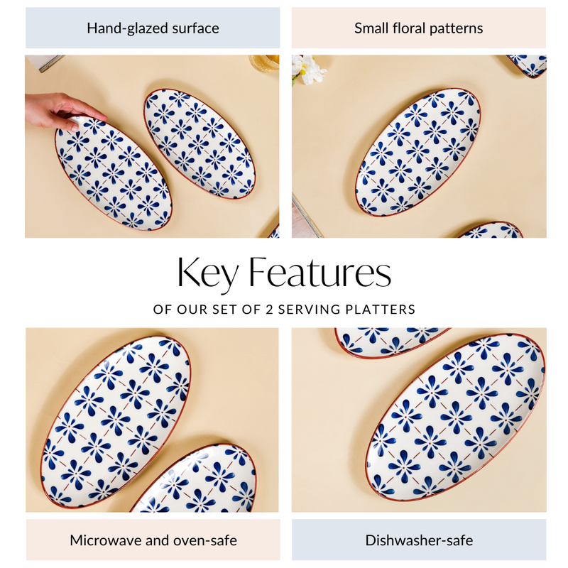 Blue Flower Oval Serving Platters Set Of 2 9 Inch - Ceramic platter, ceramic platter set, platter for snacks, snack platters