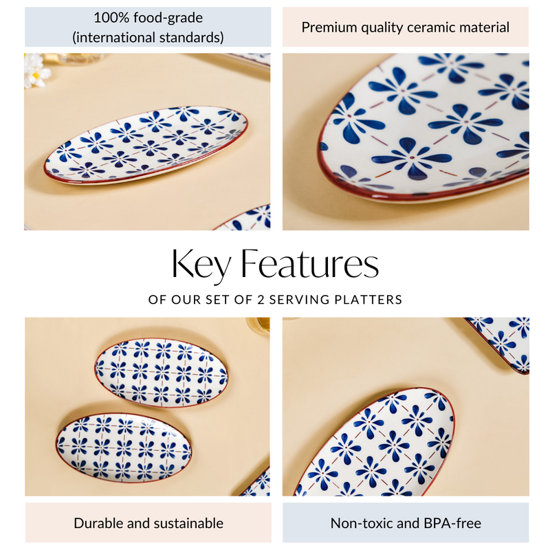 Blue Flower Oval Serving Platters Set Of 2 9 Inch - Ceramic platter, ceramic platter set, platter for snacks, snack platters
