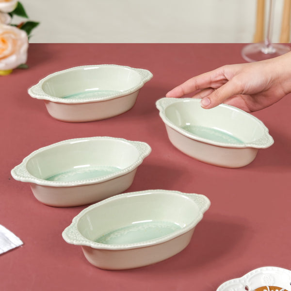 Oval Small Baking Bowl With Handle Set Of 4 Green 200ml