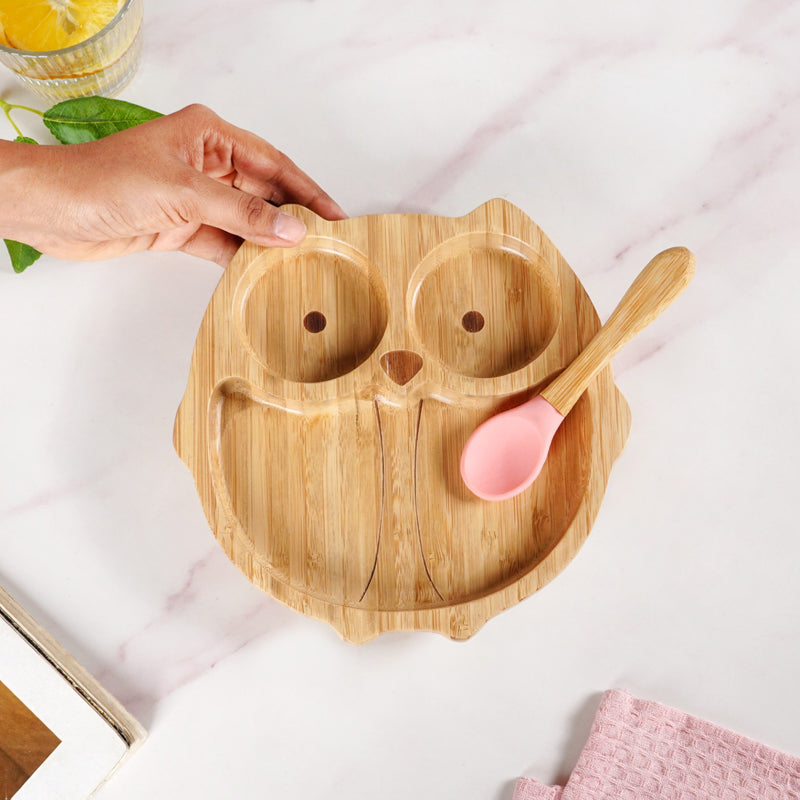 Owl Silicone Suction Divided Plate And Spoon Set For Kids