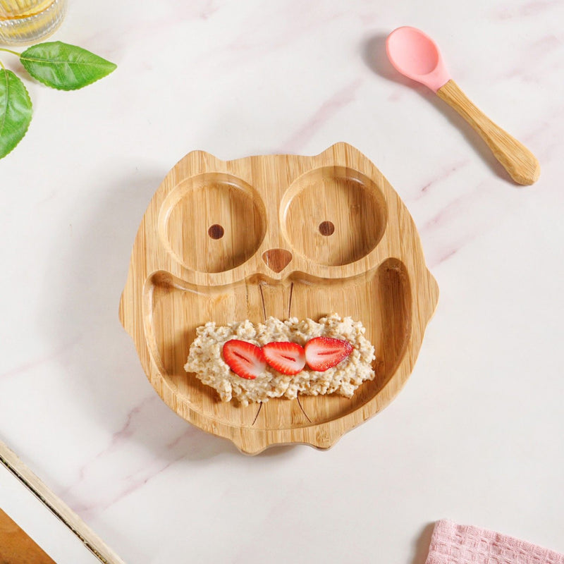 Owl Suction Base Divided Plate And Spoon Set For Kids