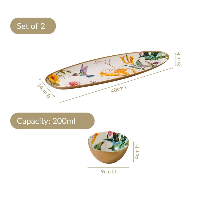 Tropical Long Metal Platter With Dip Bowl Set Of 2 In Gift Box