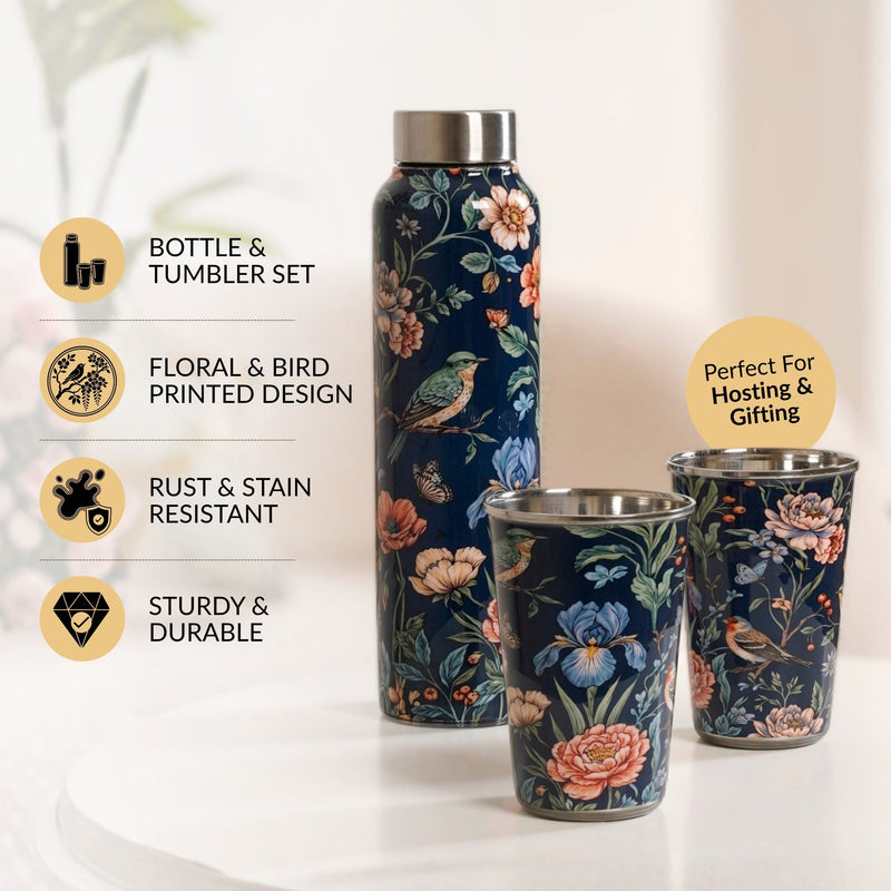 Floral Printed Stainless Steel Bottle And Tumbler Gift Set Of 3