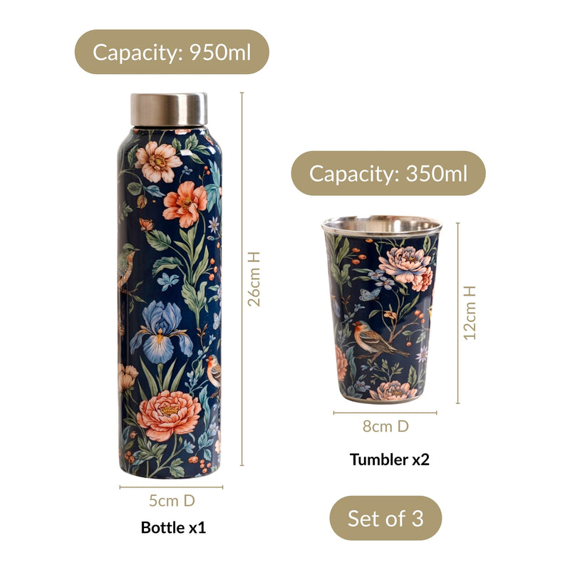 Floral Printed Stainless Steel Bottle And Tumbler Gift Set Of 3