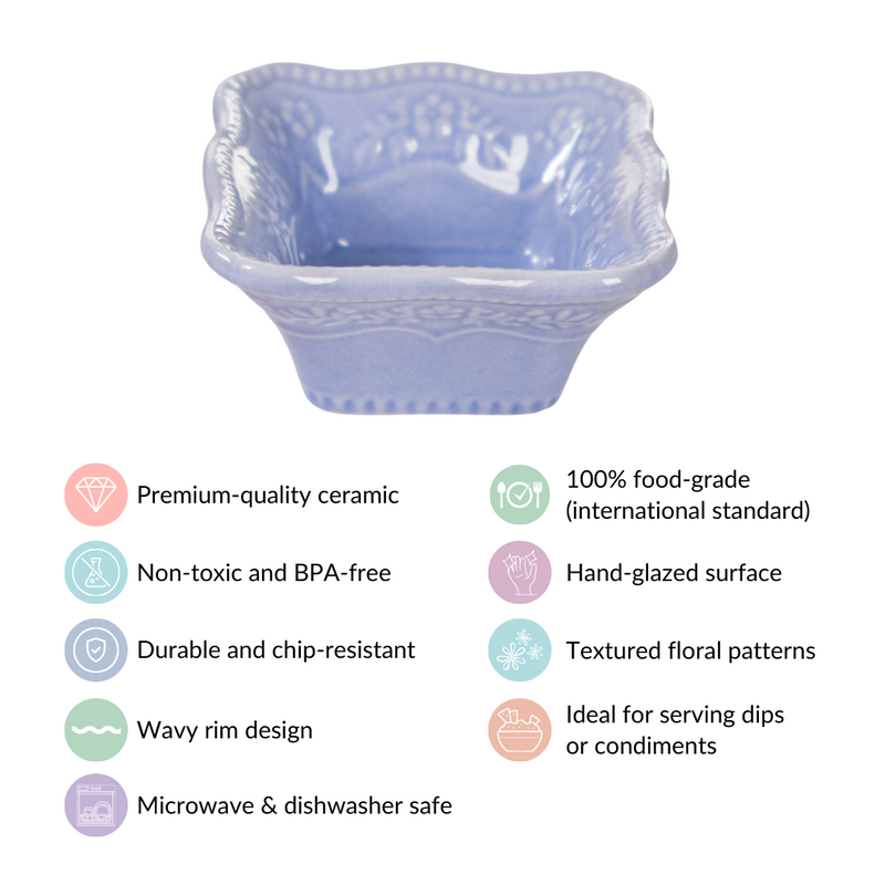 Floral Embossed Small Square Dip Bowl Set Of 6 Lavender 60ml - Dip bowls, mini bowls, ceramic dip bowls, small ceramic bowls