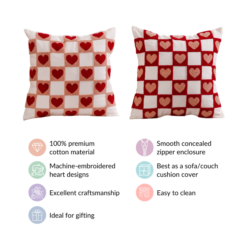 Checkerboard Hearts Cushion Cover Set Of 2 Red Pink White 16x16 Inch