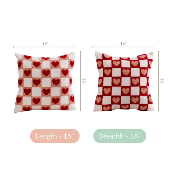 Checkerboard Hearts Cushion Cover Set Of 2 Red Pink White 16x16 Inch