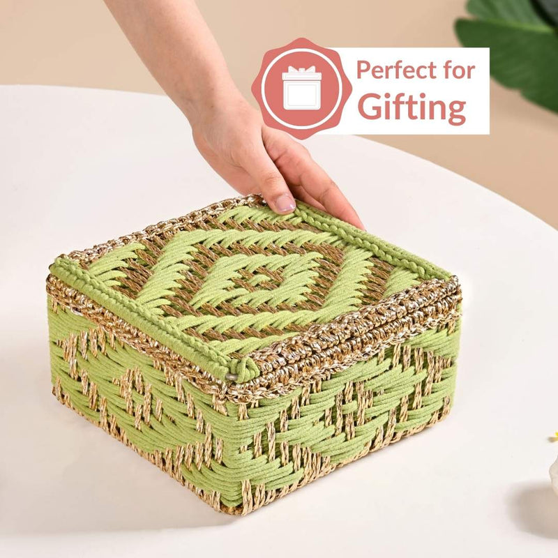 Handwoven Basket Gold And Green