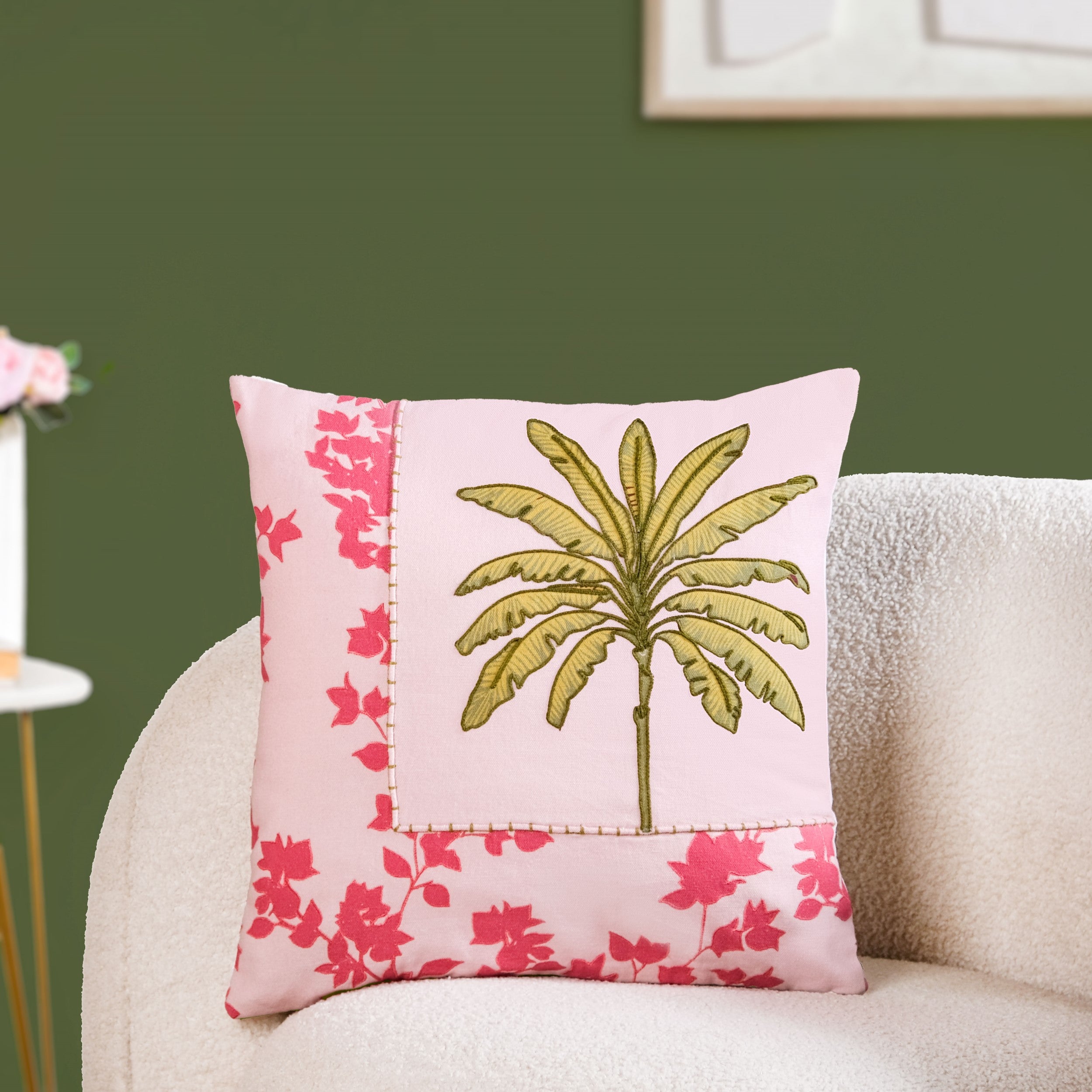 Palm And Charm Embroidered Cotton Cushion Cover 40x40cm