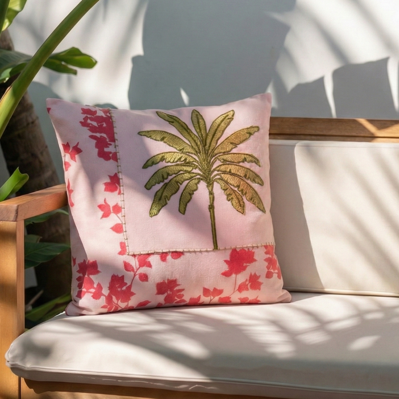 Palm And Charm Embroidered Cotton Cushion Cover 40x40cm