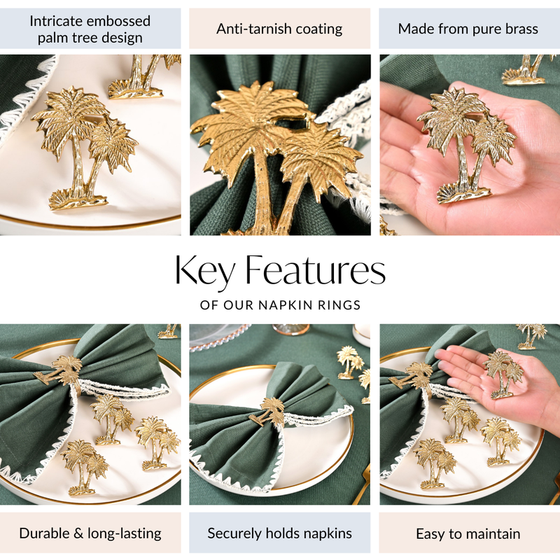 Palm Tree Pure Brass Napkin Ring Set Of 6