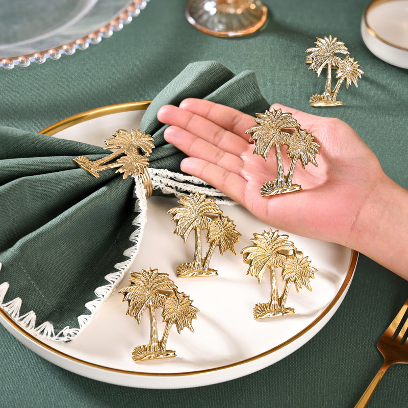 Palm Tree Pure Brass Napkin Ring Set Of 6