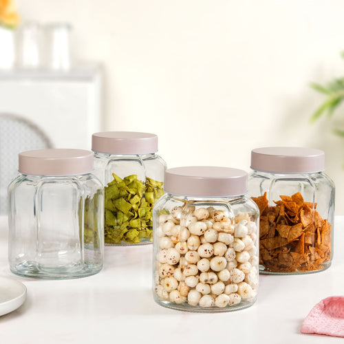 Panelled Jar With Lid Set Of 4 Taupe Beige 1450ml