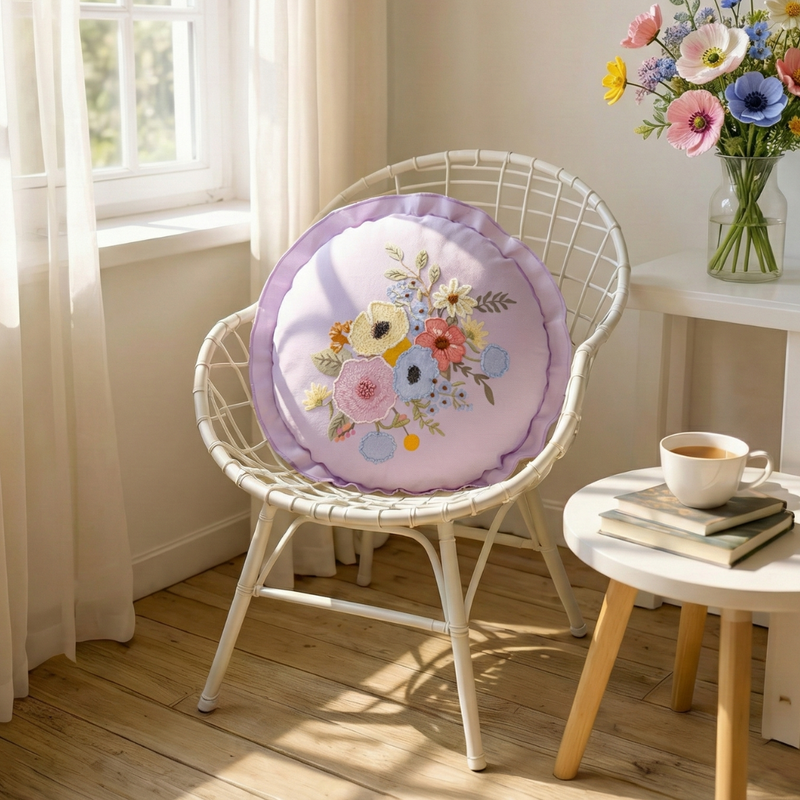 Pastel Petals Embroidered Cotton Cushion Cover 45cm