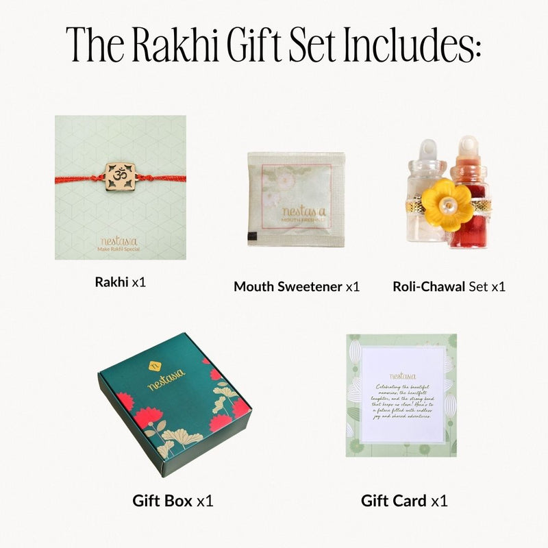 Om Square Brass Rakhi With Golden Finish Gift Set