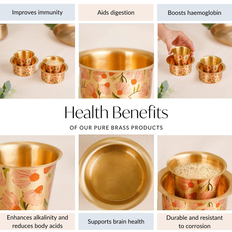Peach Daisies Pure Brass Filter Coffee Dabara Set For 2