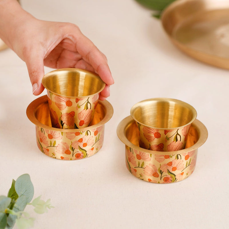 Peach Daisies Pure Brass Filter Coffee Dabara Set For 2