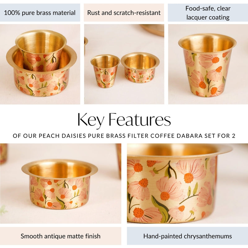 Peach Daisies Pure Brass Filter Coffee Dabara Set For 2