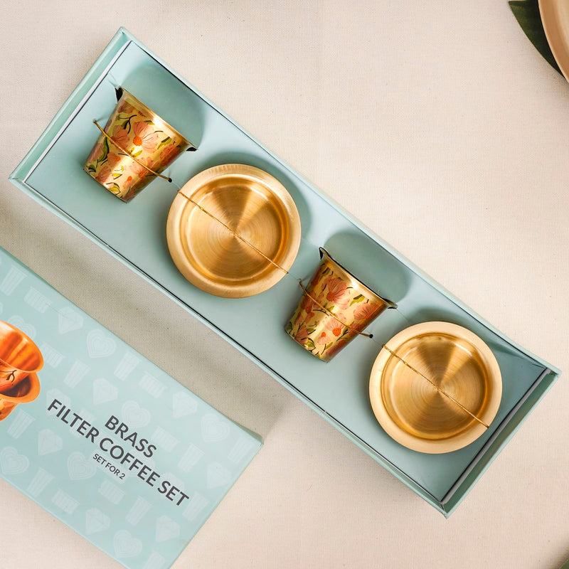 Peach Daisies Pure Brass Filter Coffee Dabara Set For 2