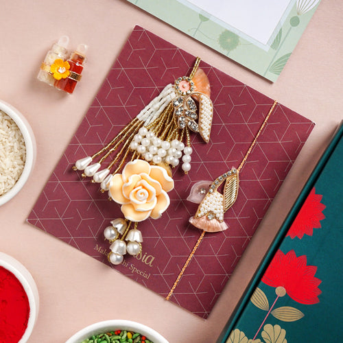 Peach Rose Pearl Rakhi And Lumba Set