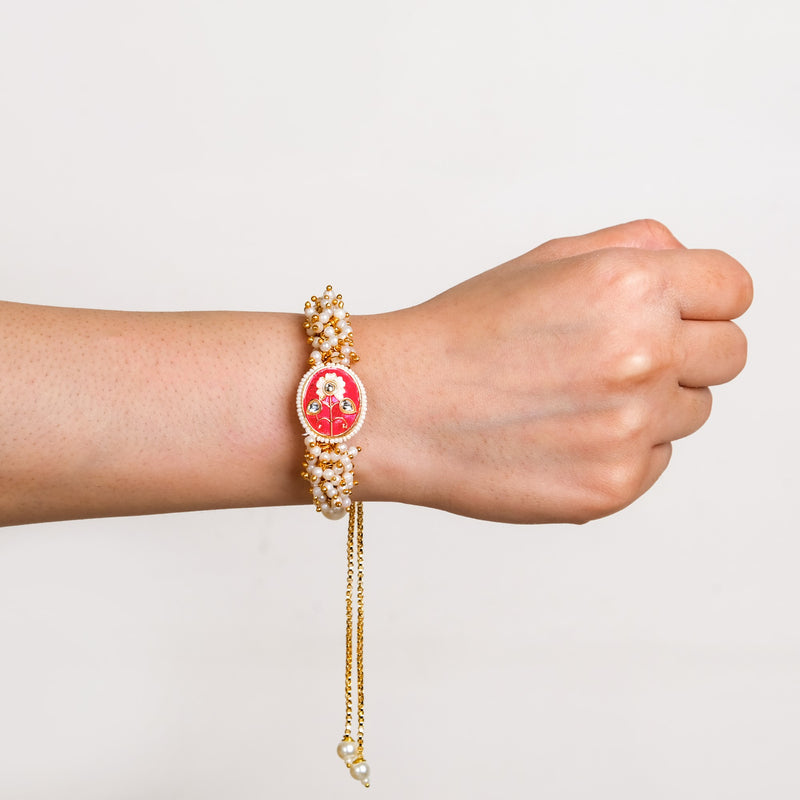 Pearl Cluster Pink Bracelet Rakhi Gift Set