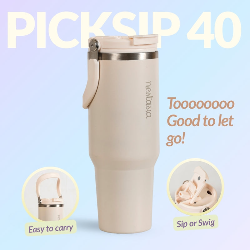 PickSip 40 Insulated Tumbler Bottle With Top Handle Pearl White 1200ml