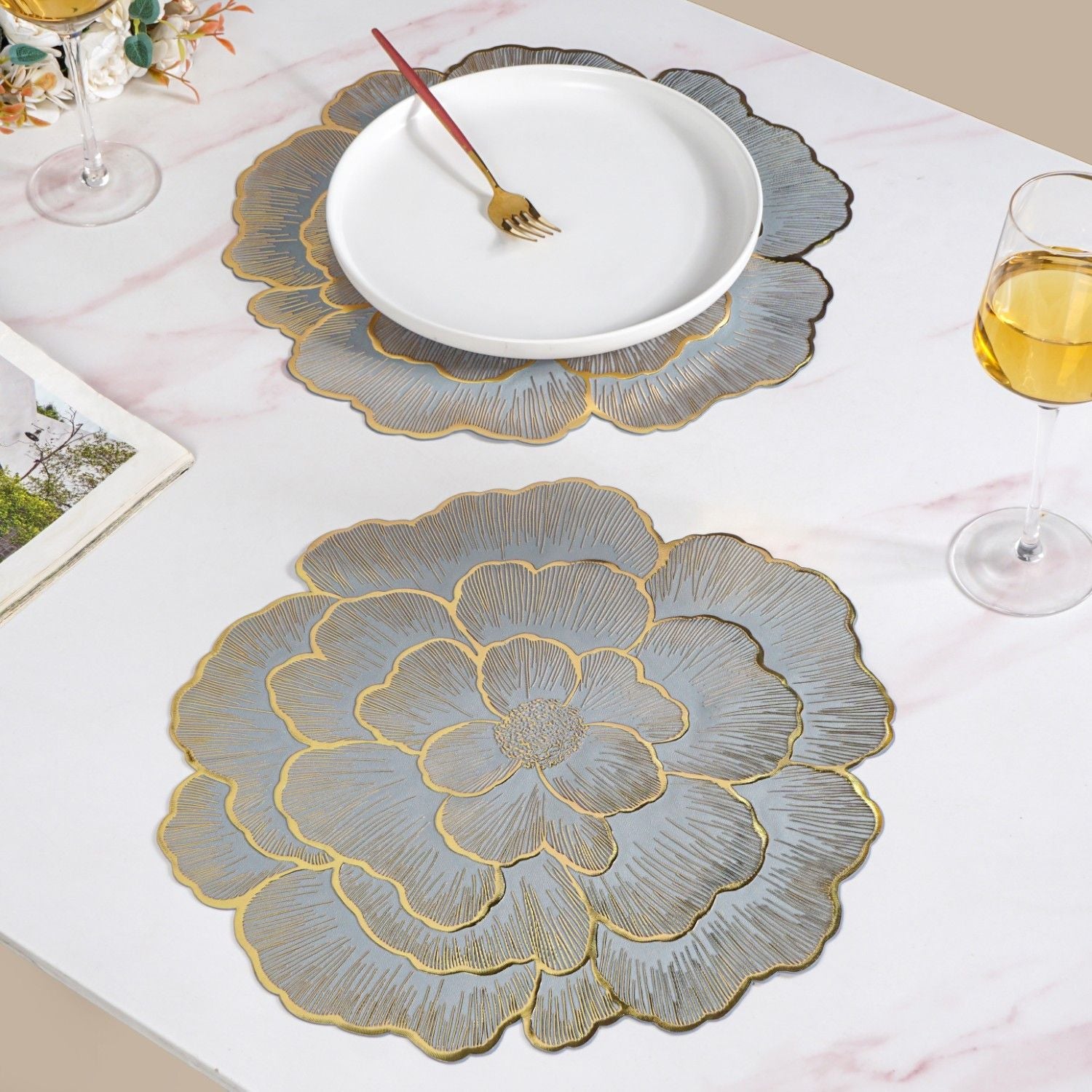 Petal Perfection Placemats Grey Gold Set Of 6