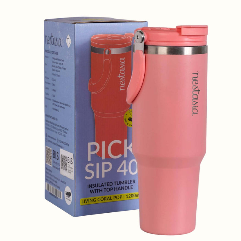 PickSip 40 Insulated Tumbler Bottle With Top Handle Living Coral Pop 1200ml