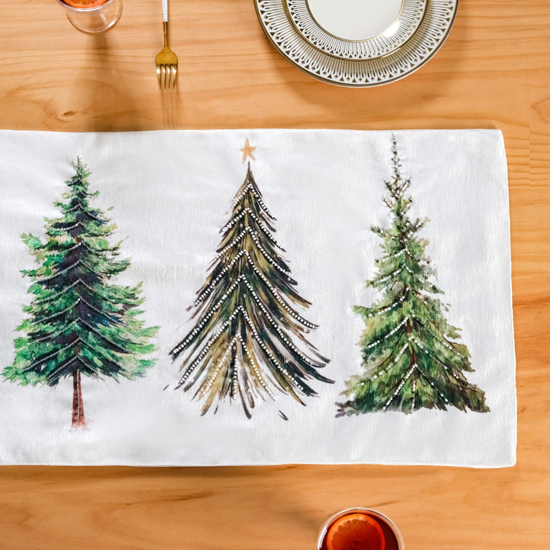 Grove Of Pine Trees Printed White Dining Table Runner
